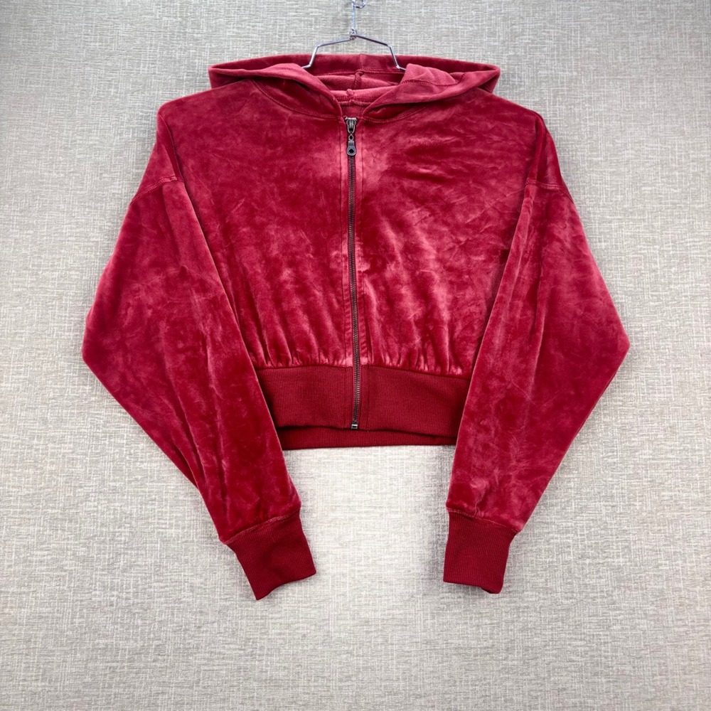 Aeropostale Womens XS Velour Cropped Zip Up Hoodie and Shorts Set Red
